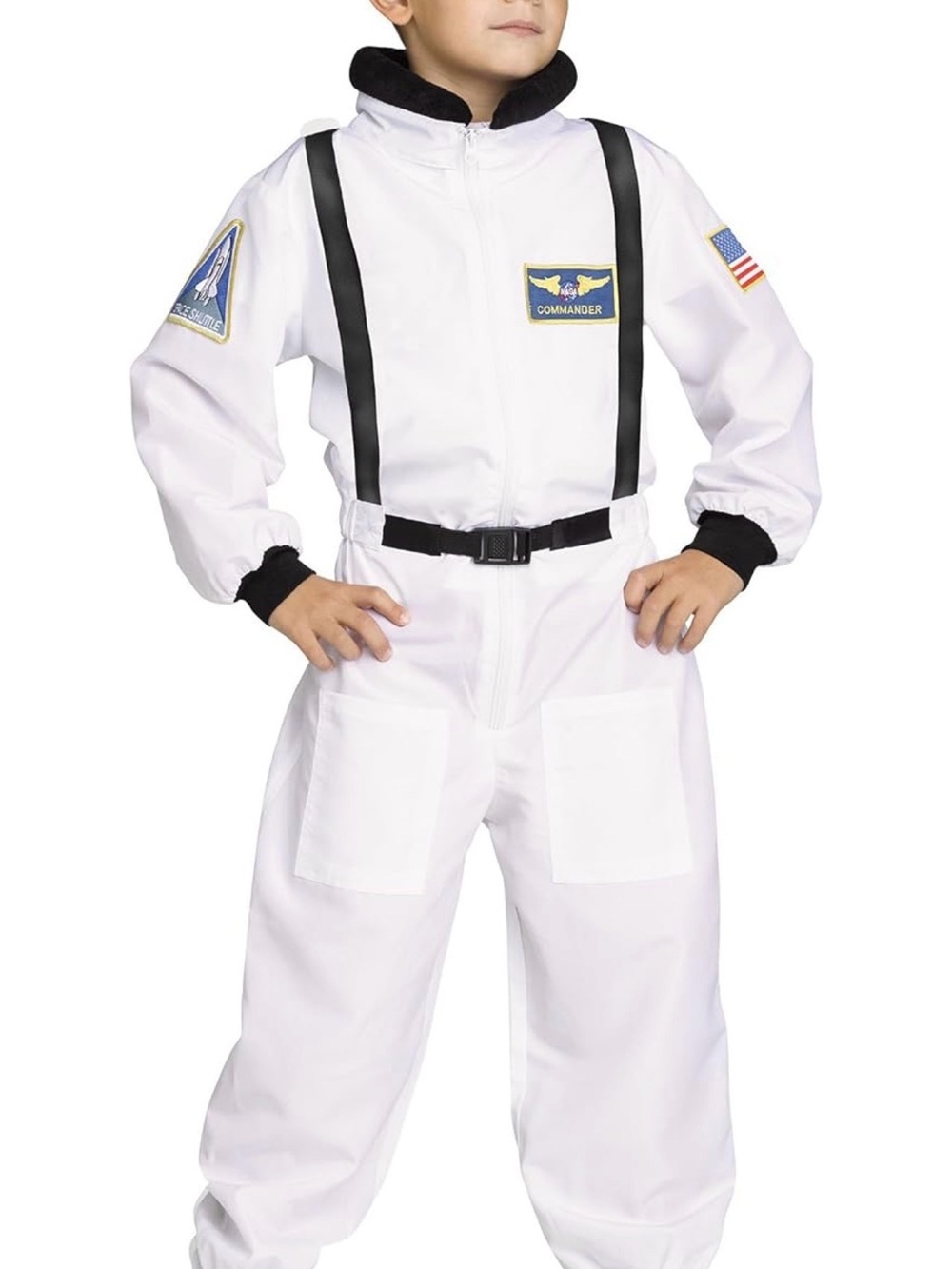 Kids White Astronaut-Style Jumpsuit with Black Trim